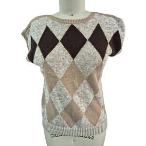 Vtg 80s Devon Harlequin Diamond  Pattern Sweater Heathered Beige/Brown  Sz M